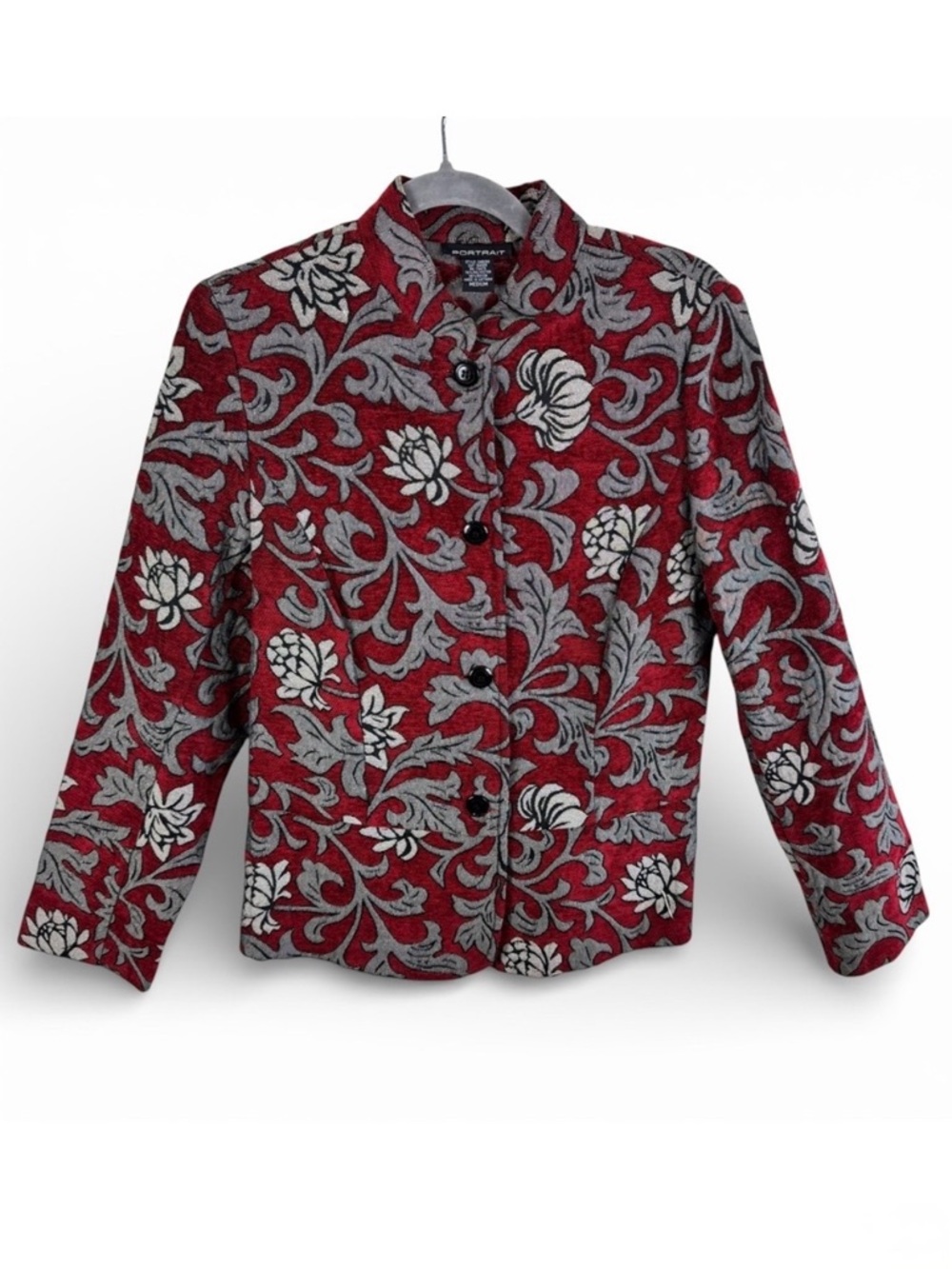 Portrait Red‎ Grey Floral Tapestry Jacquard Button Front Blazer Jacket Medium